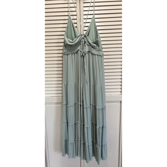 In Loom Green Spaghetti Straps Maxi Dress Size L Ruffle Smocked Waist Lined Flow - Picture 5 of 10
